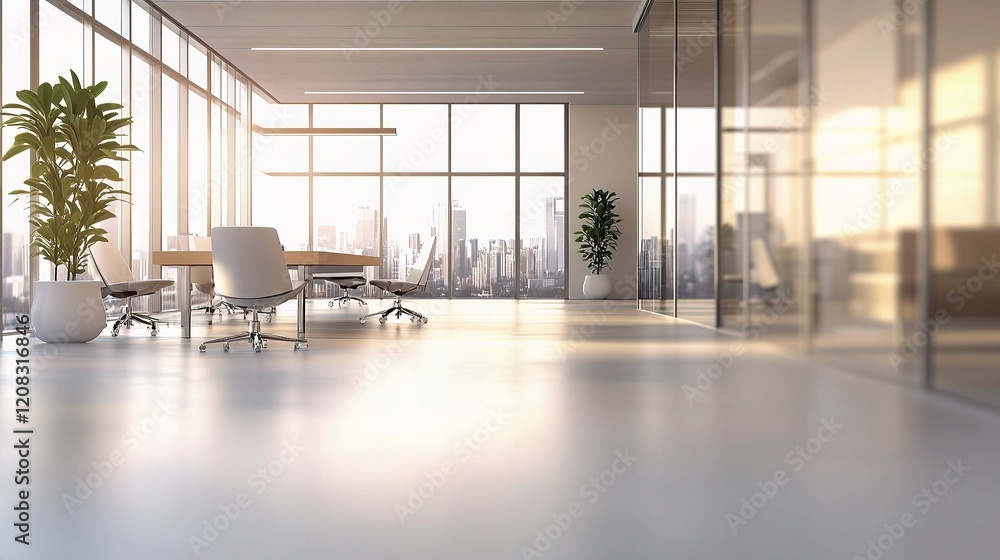 Fototapeta premium Modern Office Interior with Open Space and Blurry Background View
