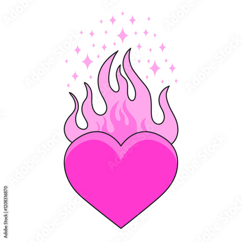 Set of Gothic pink Hearts with Flames. Emo goth aesthetic elements. Vector Illustration