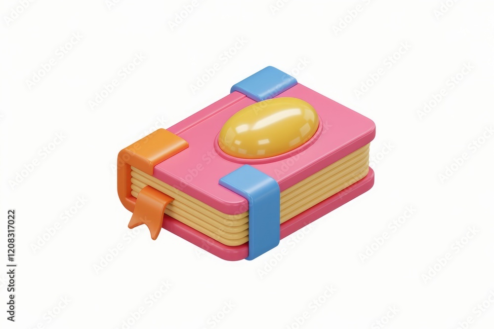 A 3D model of a pink book with yellow and orange accents, possibly a magical grimoire. A 3D model of a pink book with yellow and orange accents, possibly a magical grimoire.