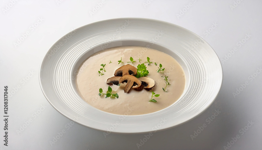 A creamy porcini mushroom soup served in a minimalist white bowl, garnished with a drizzle of truffle oil and fresh herbs. Perfect for gourmet menus, fall cuisine, or cozy fine dining A creamy porcini mushroom soup served in a minimalist white bowl, garnished with a drizzle of truffle oil and fresh herbs. Perfect for gourmet menus, fall cuisine, or cozy fine dining