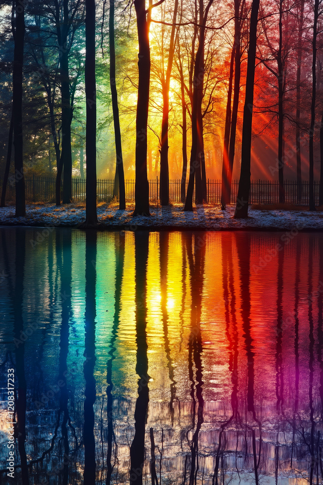 Obraz premium A colorful forest with the sun shining through the trees