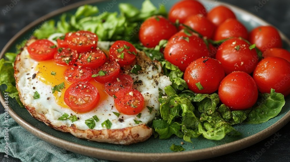 Delicious Breakfast: Fried Egg with Cherry Tomatoes and Lettuce Delicious Breakfast: Fried Egg with Cherry Tomatoes and Lettuce