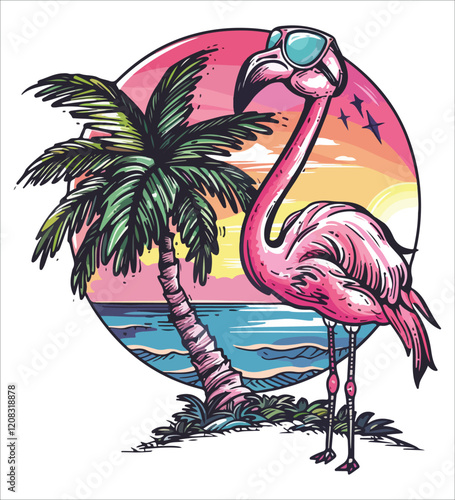 Flamingo standing on the beach with palm trees and water generative ai
 photo