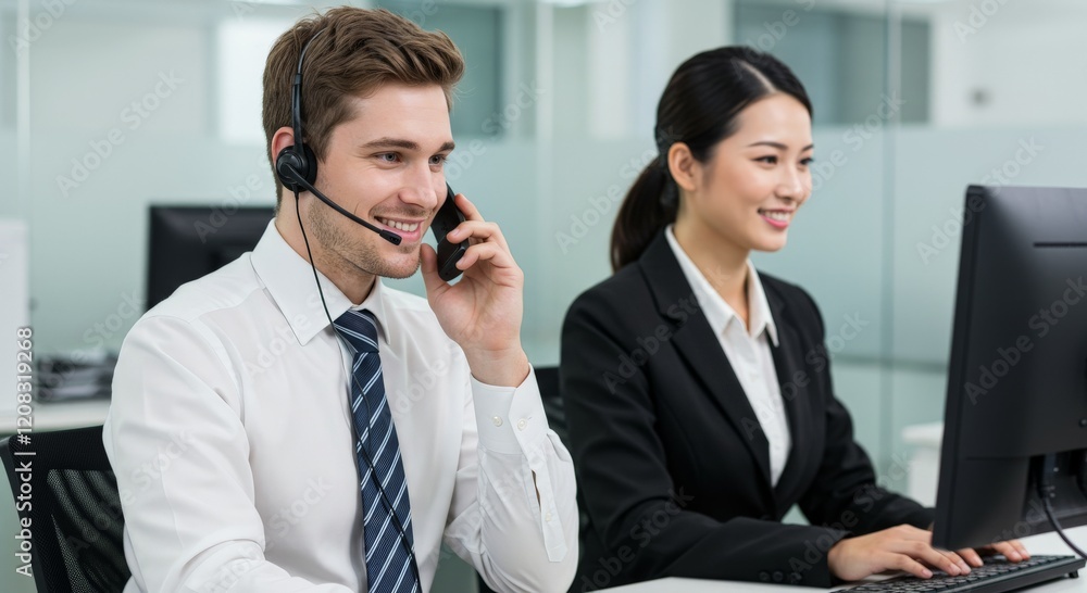 Young person online support worker at workplace, using headset phone for video call Young person online support worker at workplace, using headset phone for video call