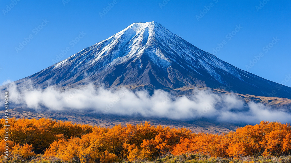 Fototapeta premium A distant mountain peak partially hidden by clouds suggesting mystery with a bright tone and modern blur, leaving empty space for a caption or interpretation 