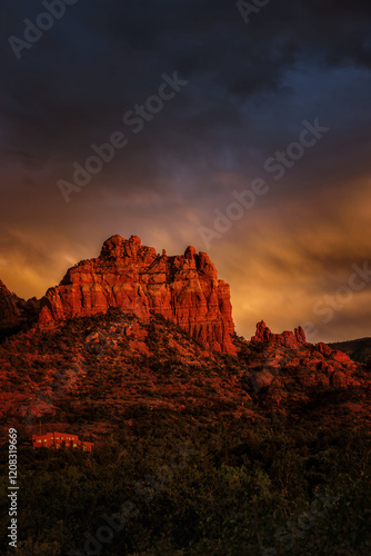 A fiery and dramatic sky during a sunset in Sedona, with the red rock mountains illuminated.