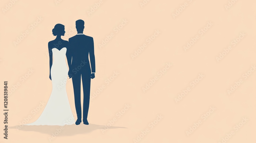 Couple's wedding silhouette, peach background, invitation design Couple's wedding silhouette, peach background, invitation design