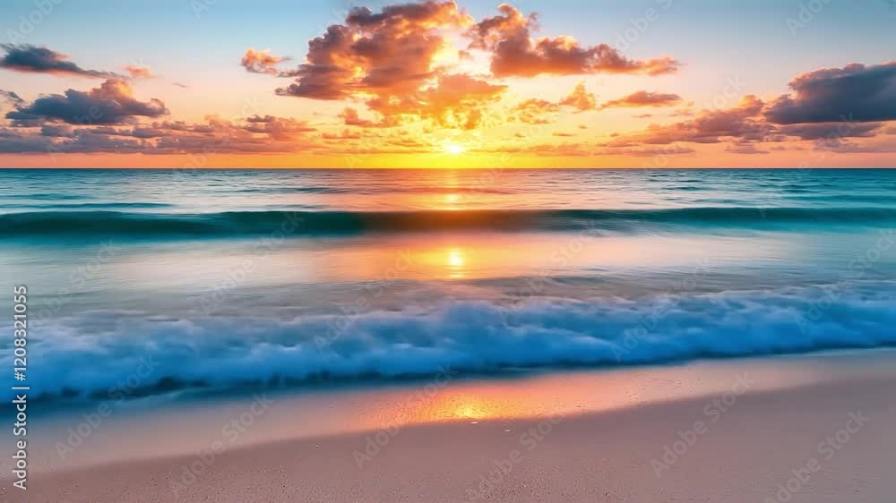 Golden hour paints the sky with vibrant orange hues as the sun dips below the horizon, casting a mesmerizing reflection on the calm ocean waves Golden hour paints the sky with vibrant orange hues as the sun dips below the horizon, casting a mesmerizing reflection on the calm ocean waves