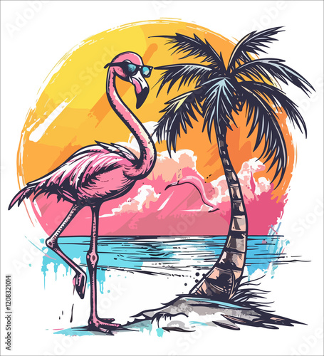 Flamingo standing on the beach with palm trees and water generative ai
 photo