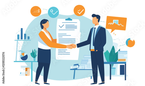 Business Professionals Shaking Hands Over Contract in Casual Office with Finance Symbols