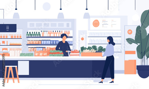 Minimalist Supermarket Interior Vector with Cashier and Customer Interaction
