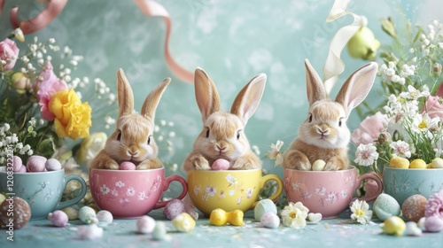 Adorable baby bunnies in colorful teacups with spring flowers and candy eggs
