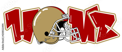 home - Metallic gold and Red football helmet player, sport vector graphics, hockey, for street art - graffiti lettering typography - art illustration - multicolor - writen	