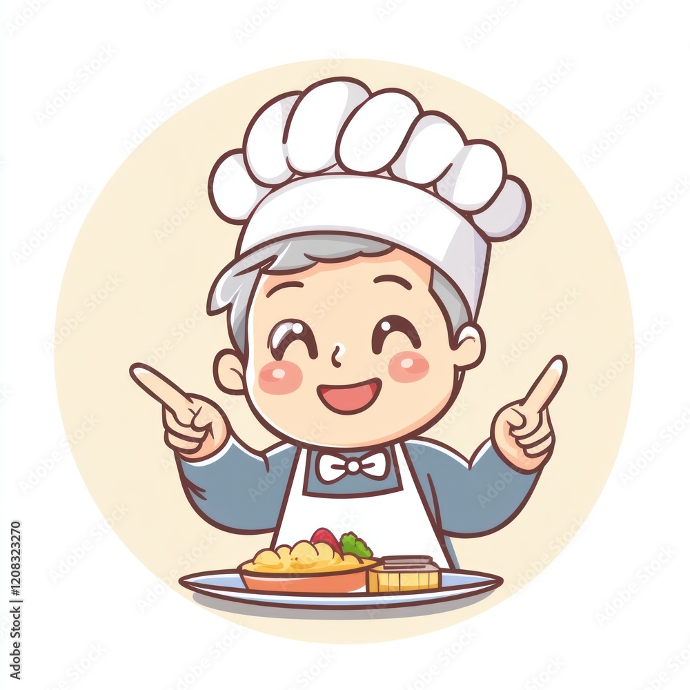 Chef presents a dish, indoors with a circle background, for cook book illustration Chef presents a dish, indoors with a circle background, for cook book illustration