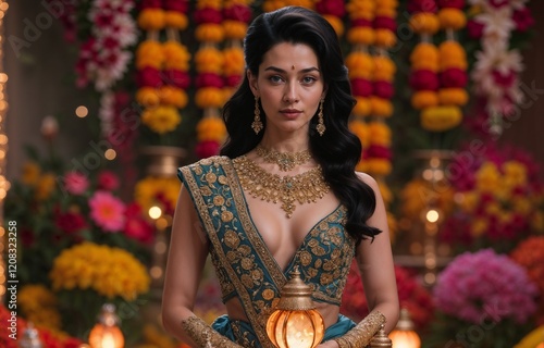 Elegant woman in traditional attire with jewelry, celebrating Diwali in front of a vibrant floral backdrop photo