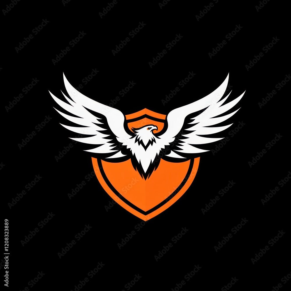 Obraz premium White eagle with orange shield graphic, with black background for team logo or mascot design