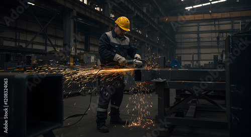 Worker cuts metal with electric grinder. Orange sparks from cutting iron with circular saw on black background. Metal processing with compound miter saw with circular blade. 