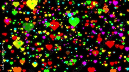 Rain of colorful hearts falling on black background. Concept: Valentine's day, love, day of lovers.