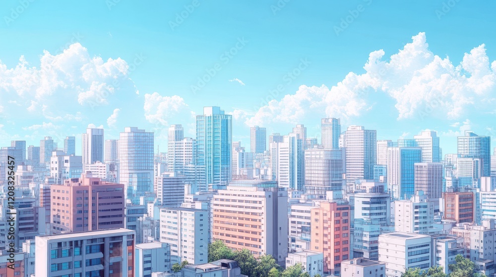 Modern cityscape with skyscrapers under sunny sky Modern cityscape with skyscrapers under sunny sky