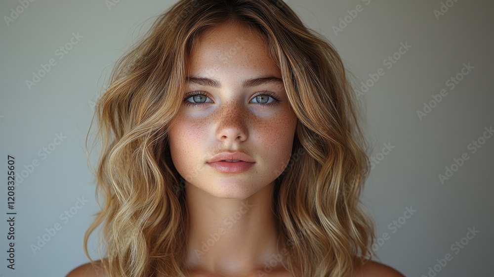 A beautiful young woman with freckles on her face A beautiful young woman with freckles on her face
