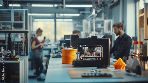 Modern 3d printer creating a plastic prototype near orange filament rolls in a high tech innovative research facility with blurred engineers working in the background photo