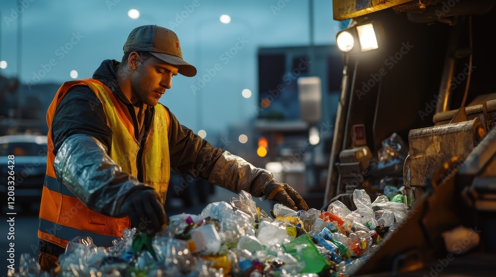 Male adult sorting recyclables on city street in evening Male adult sorting recyclables on city street in evening