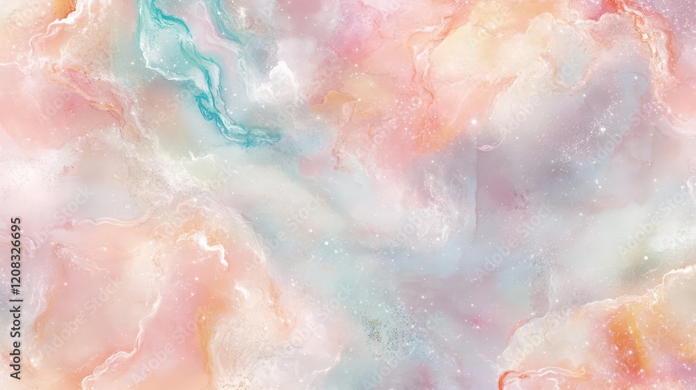 Fototapeta premium a mystical watercolor galaxy swirling with ethereal pastel nebulae and delicate star clusters, flowing seamlessly in a repeating pattern with soft, translucent edges