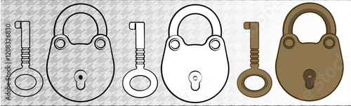 Padlock and key. Isolated on white. Coloring page. Black line. Vector illustration.