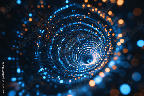 Futuristic Blue Abstract Design with Digital Vortex, Glowing Spiral Energy, and Swirling Particle Motion for Technology Backgrounds