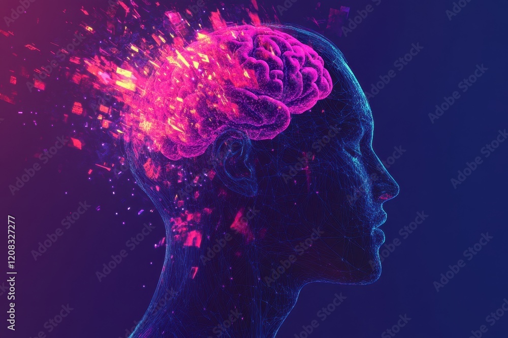 Obraz premium Abstract digital human head with brain, artificial intelligence concept, technology background illustration colorful geometric shapes form out from inside it like fireworks Generative AI