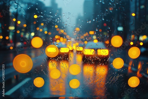 A busy city street during a rainstorm with cars stuck in traffic photo