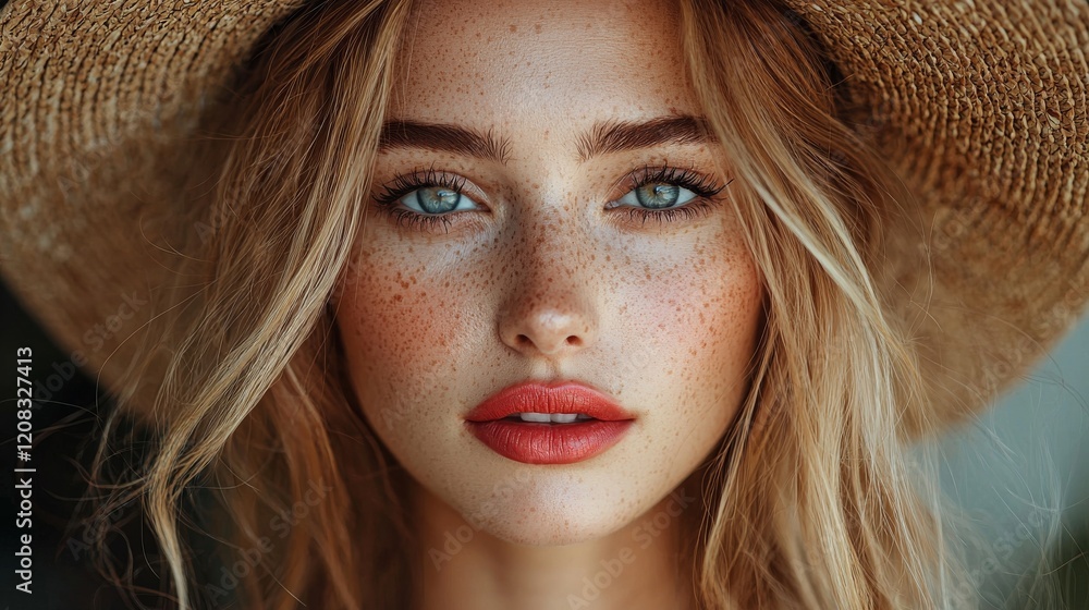 In the portrait, the individual wears red lipstick and a red hat, and light and shadow accentuate their features, highlighting the striking color palette In the portrait, the individual wears red lipstick and a red hat, and light and shadow accentuate their features, highlighting the striking color palette
