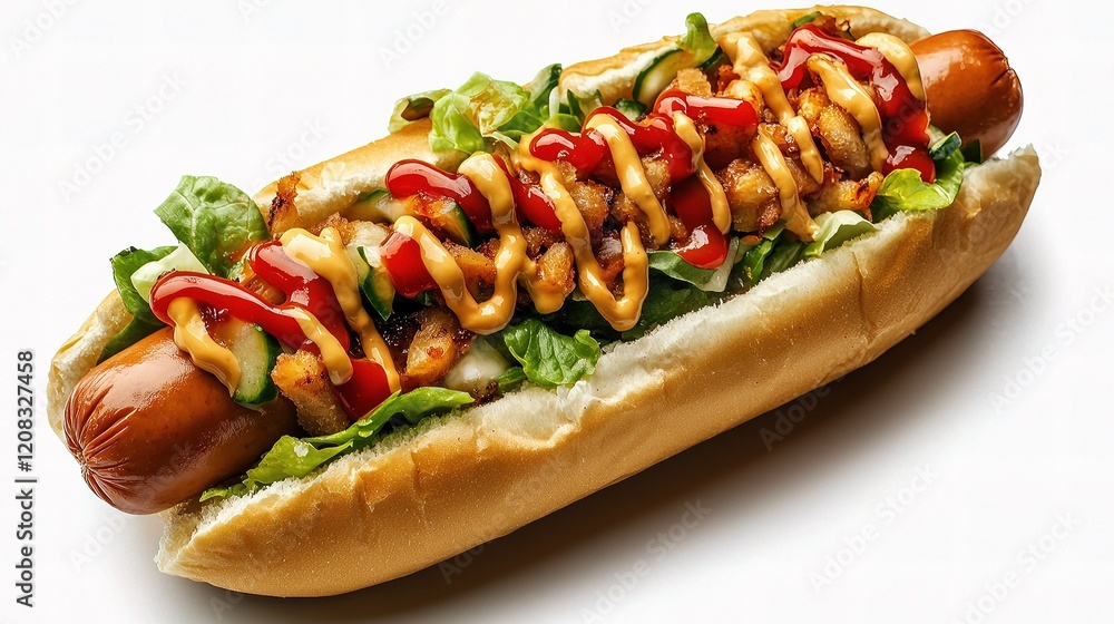 Classic Hot Dog with Ketchup and Lettuce Isolated on White Background Classic Hot Dog with Ketchup and Lettuce Isolated on White Background