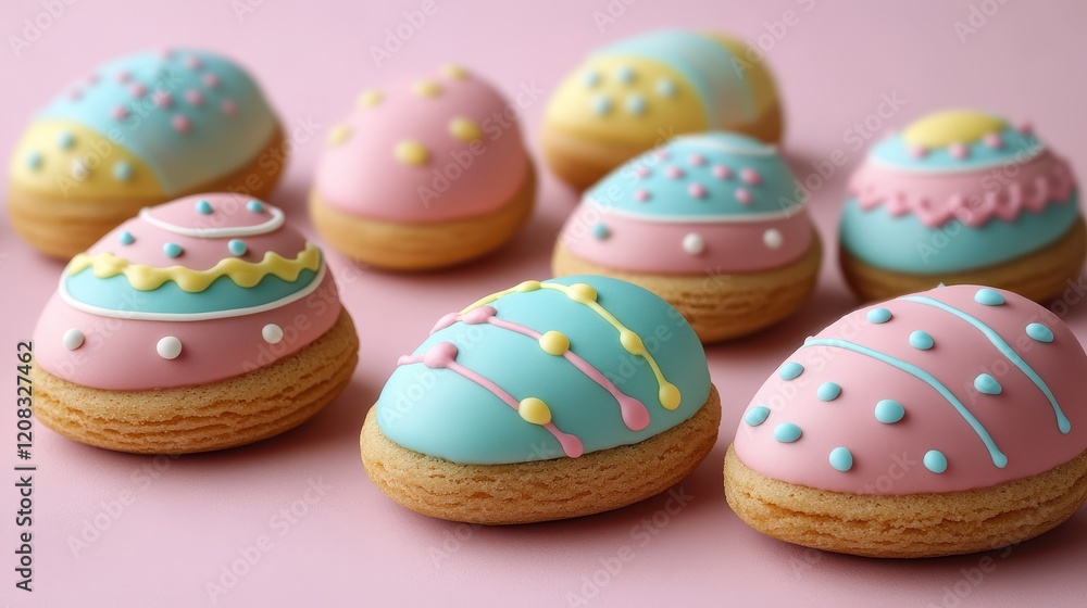 Colorful easter egg shaped cookies with pastel icing on pink background Colorful easter egg shaped cookies with pastel icing on pink background