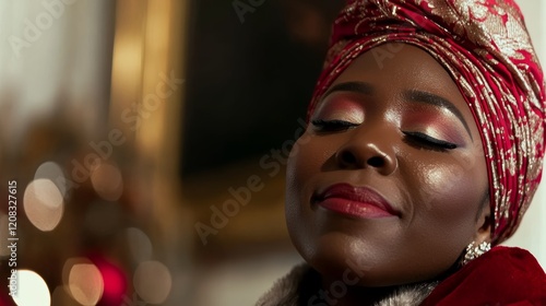 Woman with vibrant gele headwrap and bold makeup poses under warm lighting in a festive indoor setting photo