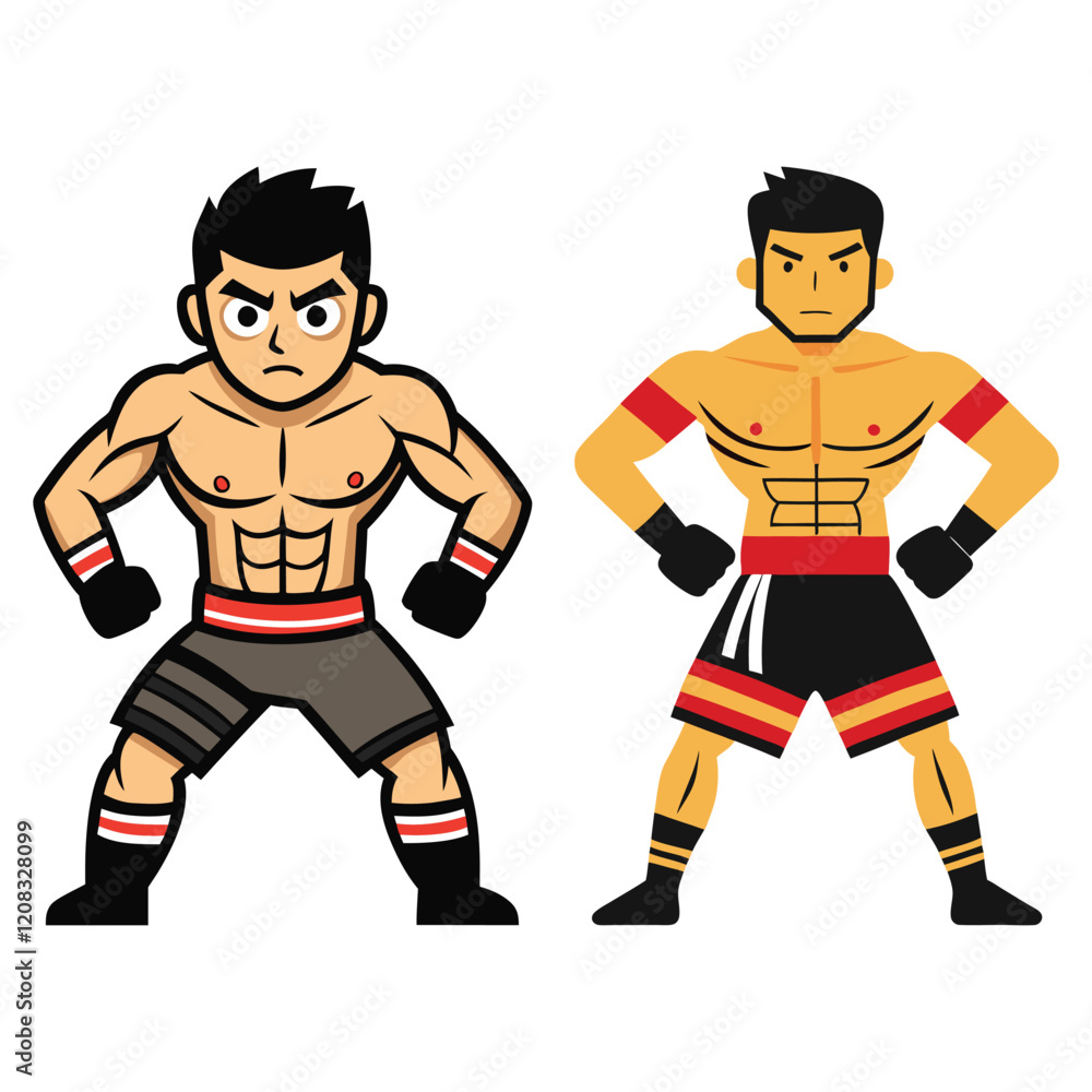 Set Of Thai Muscular Boxer Flat Style Cartoon Characters Set Of Thai Muscular Boxer Flat Style Cartoon Characters