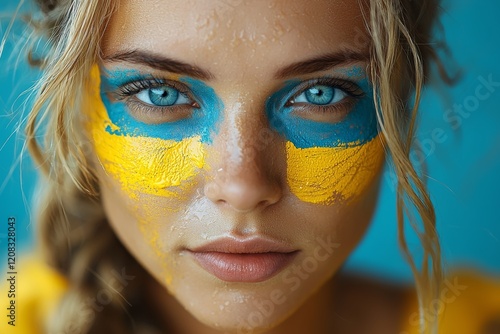 An abstract depiction of a woman with striking blue eyes, notable brushstrokes, and vivid color patterns photo