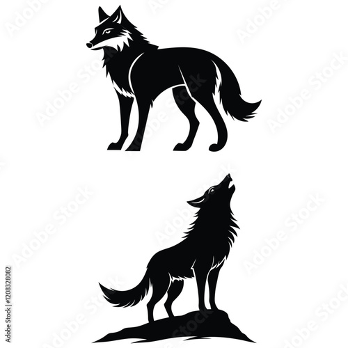 Set Of Majestic Wolf Silhouettes Standing and Howling Wild Canid