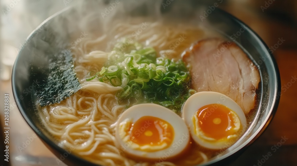 a steaming bowl of homemade ramen from above, featuring colorful ingredients - tender pork belly, soft-boiled egg, green onions, nori, and thin noodles in rich umami broth a steaming bowl of homemade ramen from above, featuring colorful ingredients - tender pork belly, soft-boiled egg, green onions, nori, and thin noodles in rich umami broth