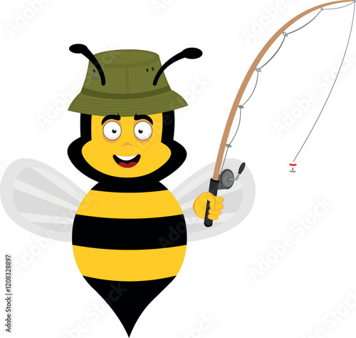 vector illustration character bee insect cartoon with a fisher hat and a fishing rod