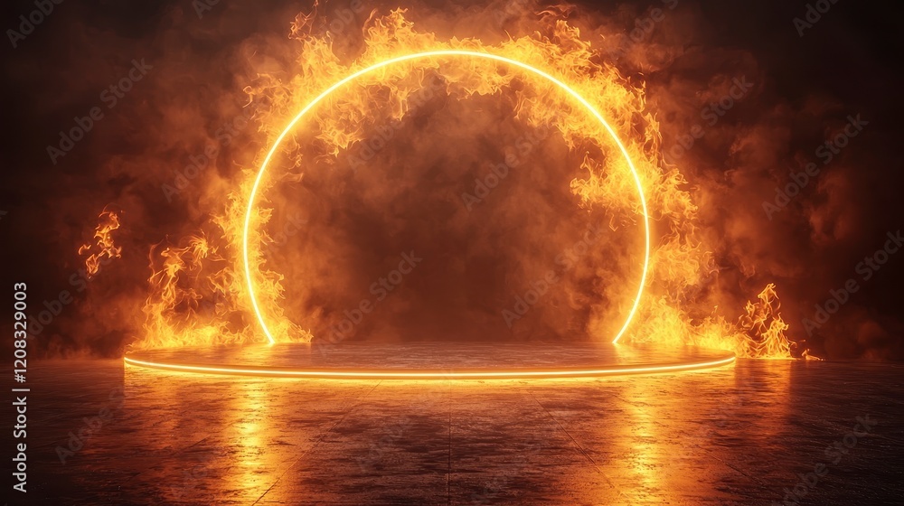 Fiery orange neon circle ring light illuminating a dark smoky platform. Fiery orange neon circle ring light illuminating a dark smoky platform.