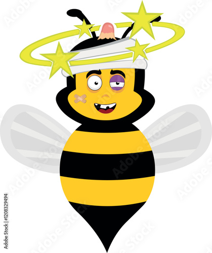 vector illustration character bee insect cartoon, hurt with a black eye and seeing stars