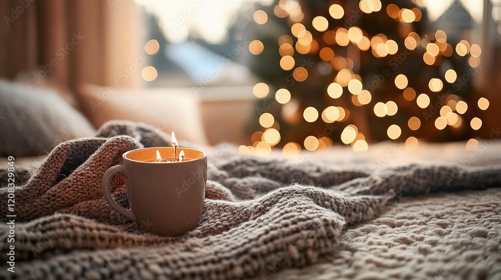 Warm Holiday Background with Blurred Lights and Cozy Drinks