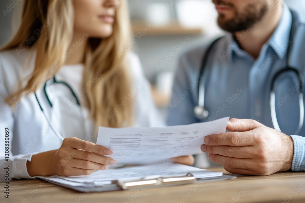 Two doctors reviewing medical documents together, focused on patient care and health records. Two doctors reviewing medical documents together, focused on patient care and health records.