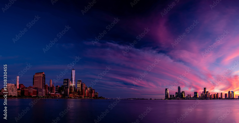 Fototapeta premium Panoramic view of Lower Manhattan and Jersey City during a vibrant sunset. The sky is painted with dramatic hues of purple, pink, and orange, reflecting softly on the calm waters of the Hudson River.