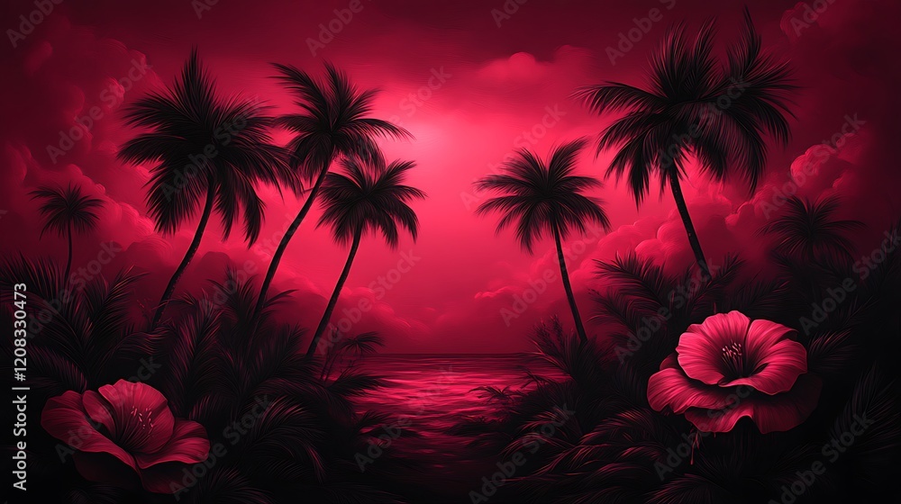 Obraz premium Crimson Sunset Tropical Paradise Palm Trees Flowers