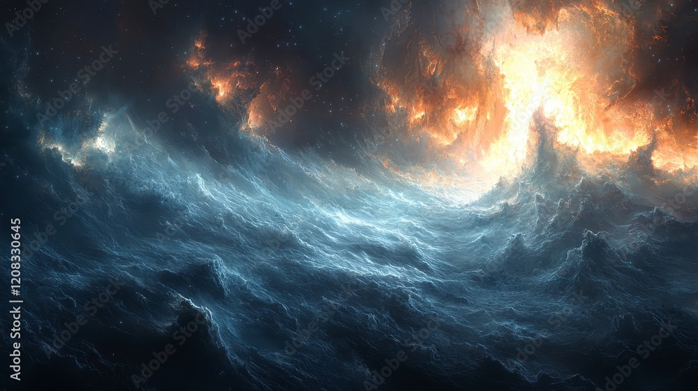 Fototapeta premium Fiery cosmic cloudscape with swirling nebulae and stars.