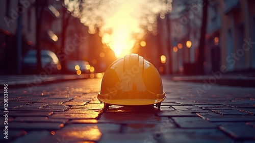 Yellow Hard Hat on City Street at Sunset photo