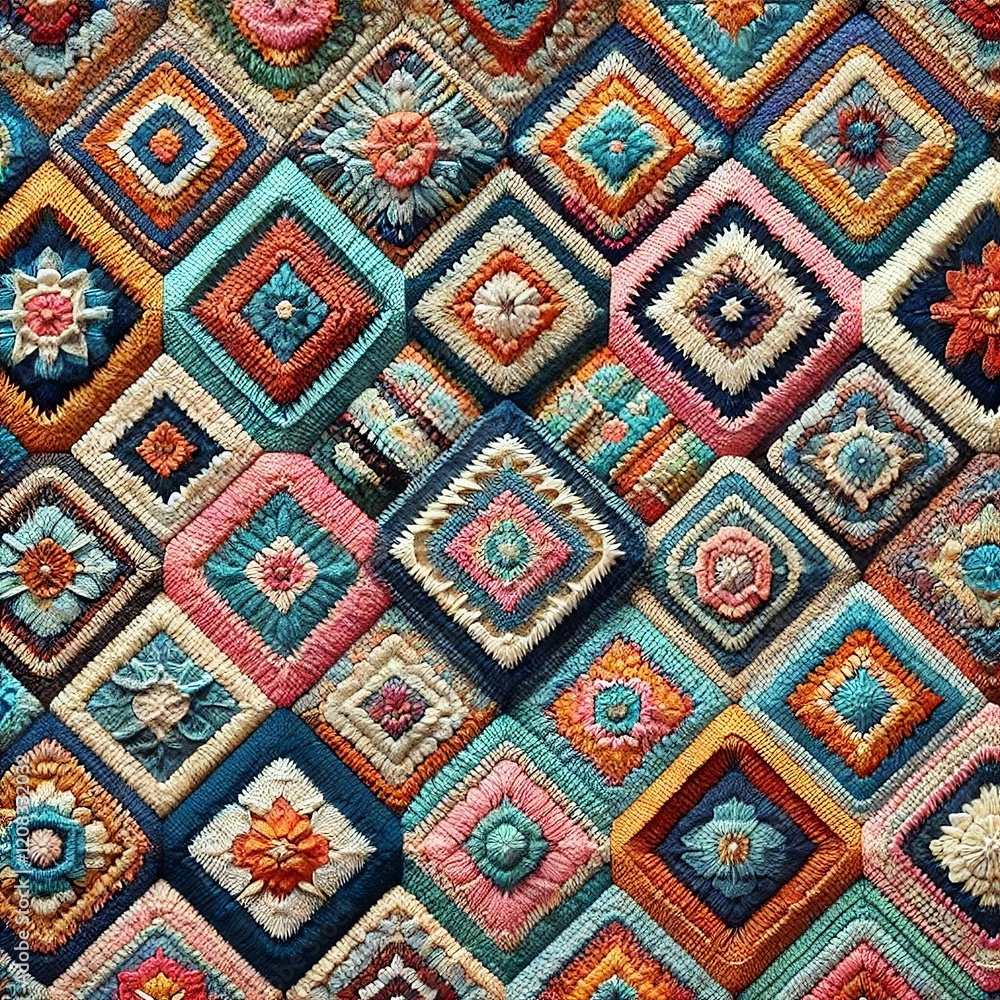Seamless knitted pattern in the form of gradient rhombuses is crocheted with multi-colored threads. Patchwork style. AI generated. Seamless knitted pattern in the form of gradient rhombuses is crocheted with multi-colored threads. Patchwork style. AI generated.