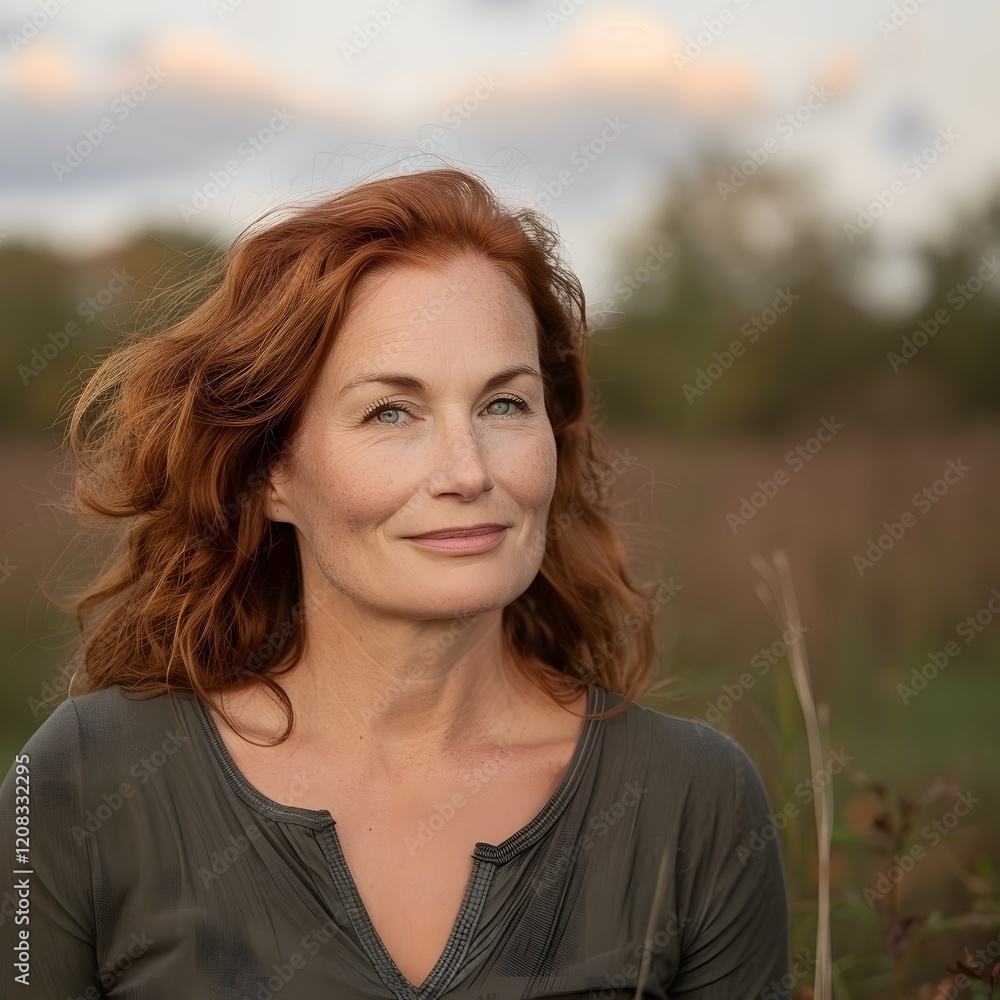 Fototapeta premium Woman, red hair, field, sunset, pensive, nature, portrait, calm, beauty, advertisement